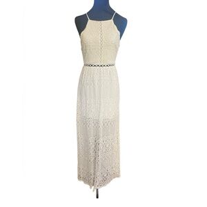 Hollister Ivory Crochet Lace Strappy Halter Maxi Dress Long Slit SZ XS
